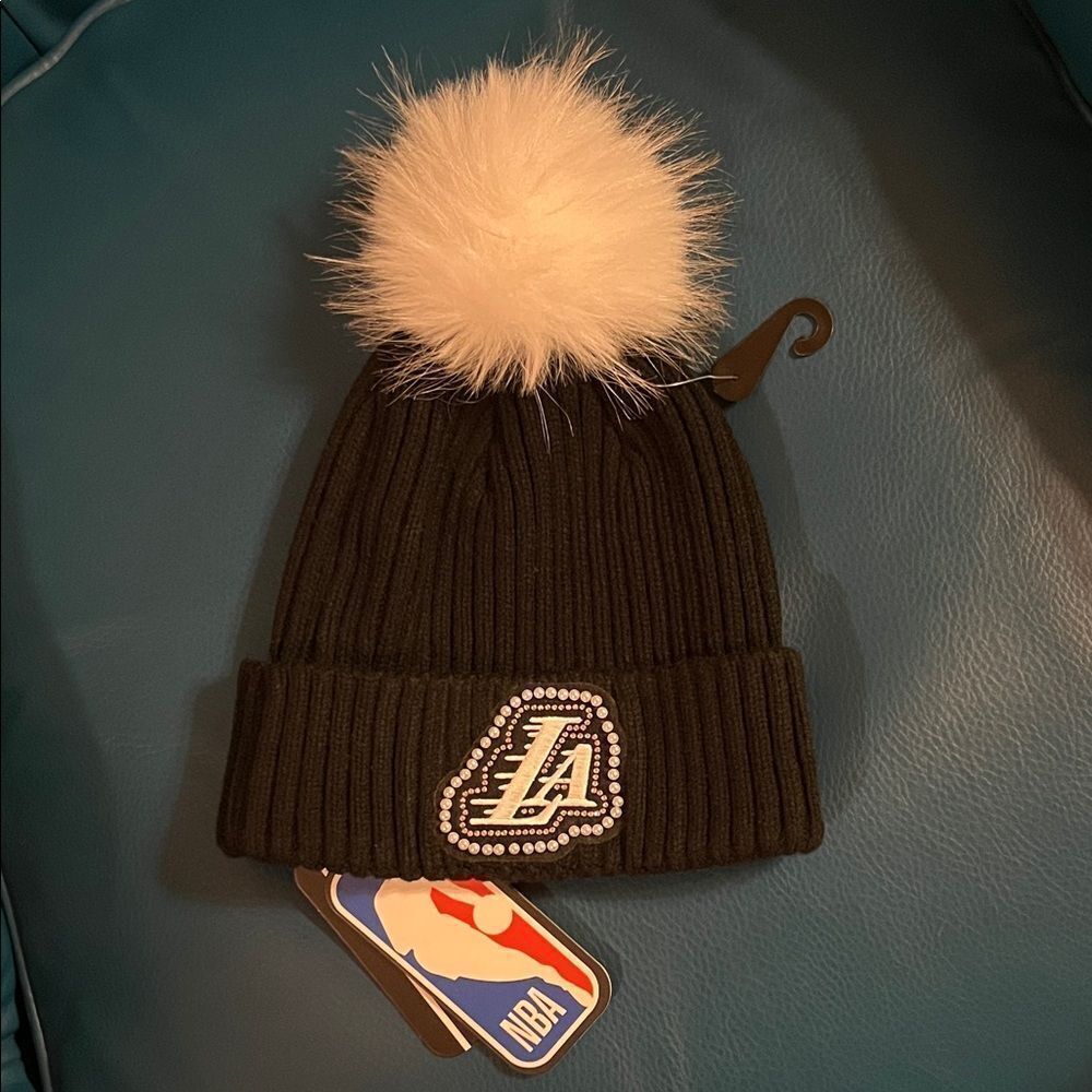 NBA Women's Black Beanie with White Pom Pom